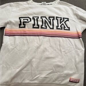 PINK Victoria's Secret White and Pink Striped Crew Neck